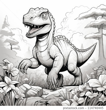 Coloring page, dinosaur in forest, no colors 114740445