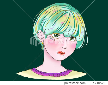 Shy girl with short hair on green background Shy girl with short hair on green background 114740526