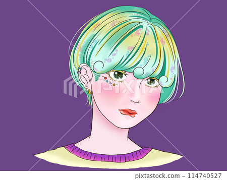 Shy girl with short hair Purple background 114740527