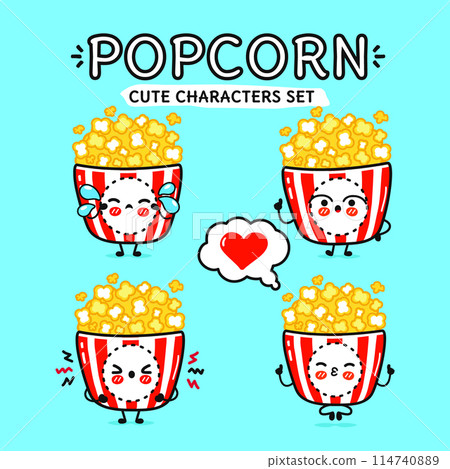 Funny cute happy Popcorn characters bundle set. Vector hand drawn doodle style cartoon character illustration. Isolated on blue background. Popcorn mascot character collection 114740889