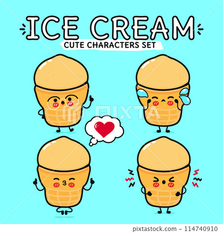 Funny cute happy Ice cream characters bundle set. Vector hand drawn doodle style cartoon character illustration. Isolated on blue background. Ice cream sundae mascot character collection Funny cute happy Ice cream characters bundle set. Vector hand drawn doodle style cartoon character illustration. Isolated on blue background. Ice cream sundae mascot character collection 114740910