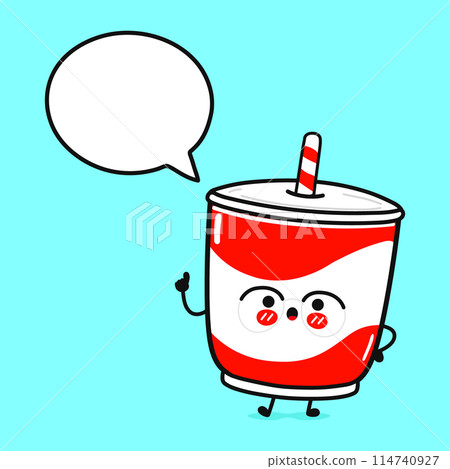 Cold drink with speech bubble. Vector hand drawn cartoon kawaii character illustration icon. Isolated on blue background. Cold drink character concept Cold drink with speech bubble. Vector hand drawn cartoon kawaii character illustration icon. Isolated on blue background. Cold drink character concept 114740927