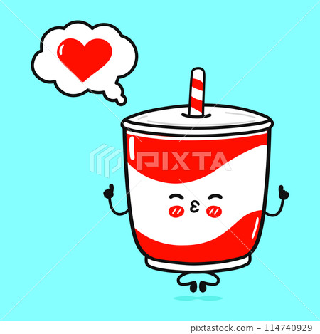 Cold drink doing yoga with speech bubble. Vector hand drawn cartoon kawaii character illustration icon. Isolated on blue background. Cold drink in love character concept 114740929