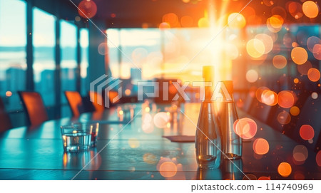Water bottles and glasses in empty conference room, AI Generated 114740969