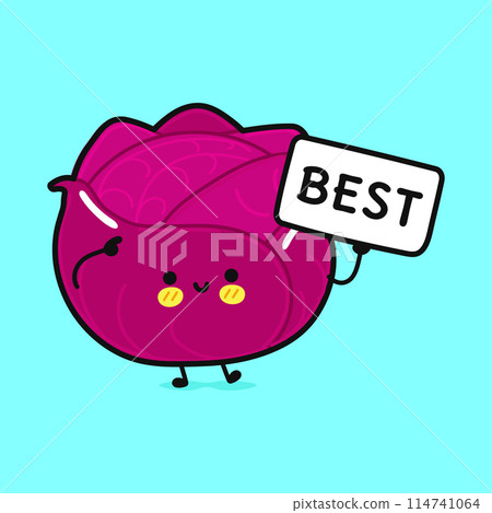 Cute Red Cabbage with poster best. Vector hand drawn cartoon kawaii character illustration icon. Isolated on blue background. Red Cabbage think concept Cute Red Cabbage with poster best. Vector hand drawn cartoon kawaii character illustration icon. Isolated on blue background. Red Cabbage think concept 114741064