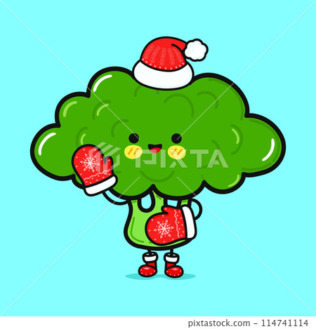 Funny smiling happy Broccoli christmas. Vector flat cartoon character illustration icon design. Isolated on blue background 114741114