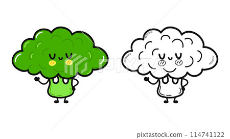 Funny cute happy Broccoli characters bundle set. Vector hand drawn cartoon kawaii character illustration icon. Cute Broccoli. Outline cartoon illustration for coloring book 114741122