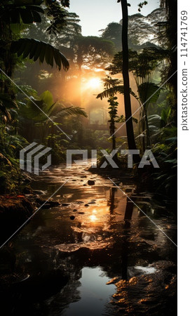 The sun sets above a river in the jungle, a picturesque natural landscape 114741769