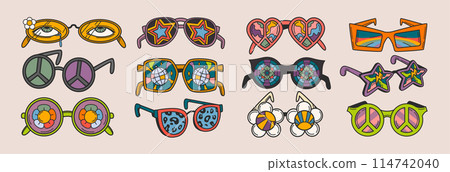 Funky groovy sunglasses different shapes in retro hippie psychedelic style 114742040
