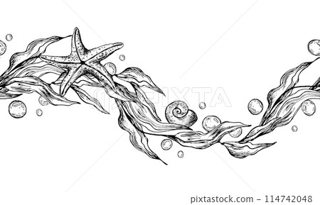 Seaweed in the shape of a wave with starfish and water bubbles. Graphic illustration hand drawn in black ink. Seamless pattern border EPS vector. 114742048