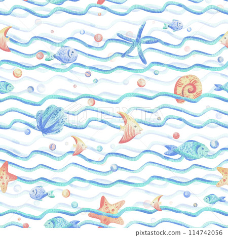 Sea waves, various fish, starfish, shells and bubbles. Hand drawn watercolor illustration in blue and coral colors. Seamless pattern, childish, cute, gentle, simple for textiles and nursery decoration 114742056