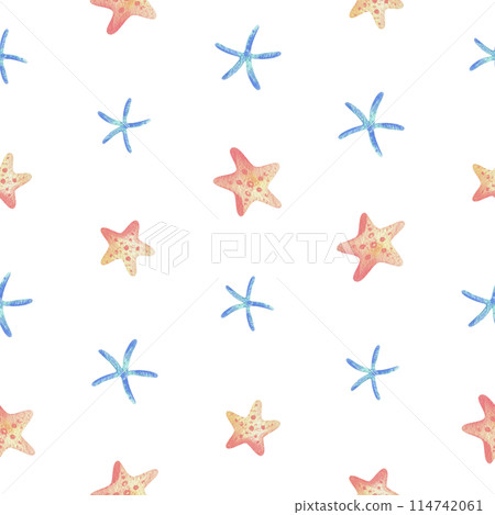 Starfish, oceanic underwater coral reef animals. Watercolor illustration, hand drawn in pastel colors: blue, turquoise, mint, pink, peach, coral. Seamless simple pattern children's 114742061