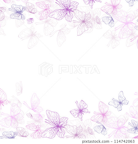 Butterflies are pink, blue, lilac, flying, delicate line art. Graphic illustration hand drawn in pink, lilac ink. Square frame, template EPS vector 114742063