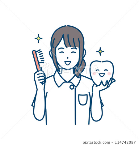 Illustration of a dentist and female dental hygienist recommending tooth brushing 114742087