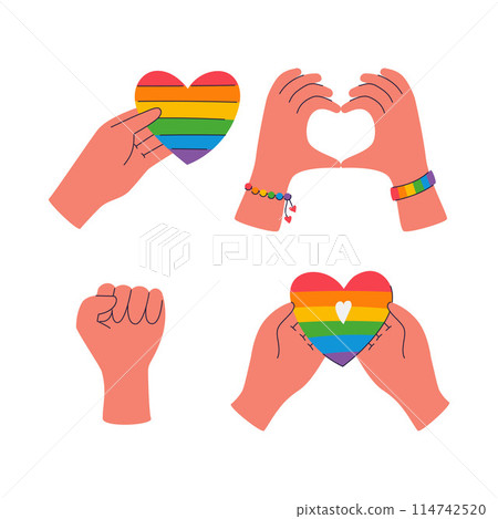 A set of cartoon hands holding rainbow hearts A set of cartoon hands holding rainbow hearts 114742520