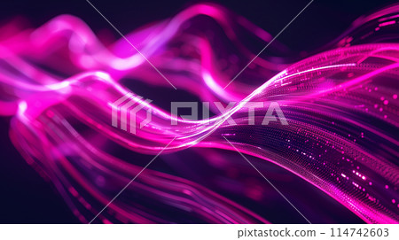 close-up of bright neon magenta waves undulating against a dark shadowy background, perfect for a bold visual statement, with copy space on the lower left 114742603