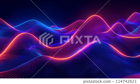 vibrant wavy neon lines flowing across a dark background, creating a dynamic and modern abstract pattern, with ample copy space on the side 114742621