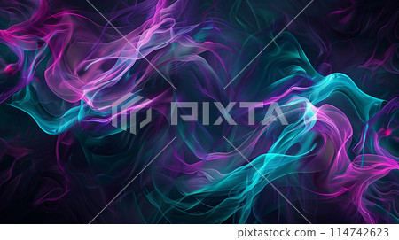vivid depiction of intertwined neon purple and teal waves, creating a mesmerizing dance of light on a black canvas, with copy space at the top 114742623