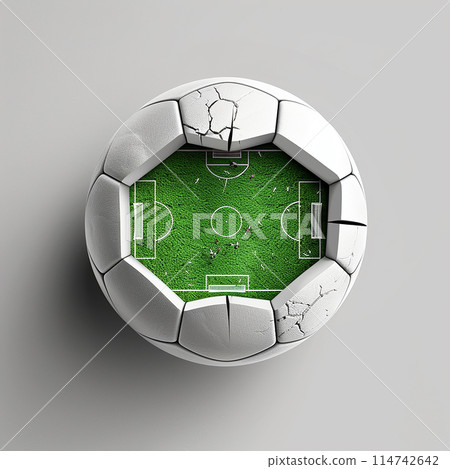 Half-cut 3D soccer ball displaying detailed miniature soccer field, set against a sleek, monochrome backdrop 114742642