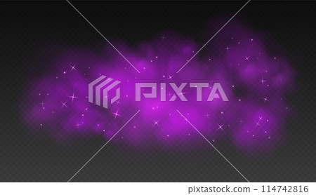 Purple magic smoke with stars and sparkles, fog with glowing particles, colorful vapor with star dust. 114742816