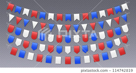 Bunting flags garland, party flags in red, blue and white colors. Bunting flags garland, party flags in red, blue and white colors. 114742819