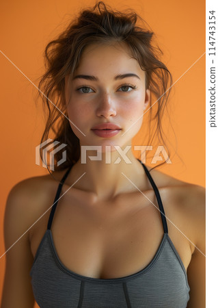 Caucasian woman in sports bra on orange background. 114743154