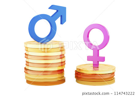 Gender pay gap, concept. Blue male gender symbol and pink female gender sign on stacks of coins, 3D rendering Gender pay gap, concept. Blue male gender symbol and pink female gender sign on stacks of coins, 3D rendering 114743222