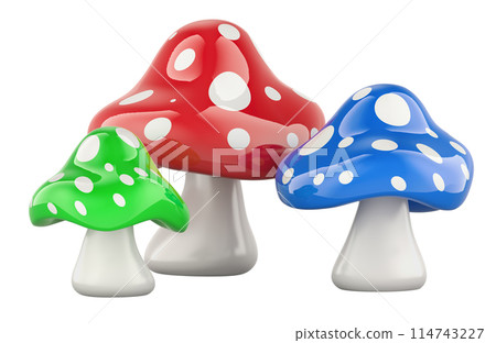 Colored amanita muscaria, fly agaric in cartoon style. 3D rendering 114743227