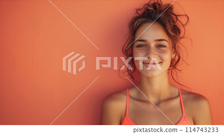 Caucasian woman in sports bra on orange background. 114743233