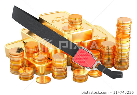 Golden coins and gold ingots with safety belt. 3D rendering 114743236