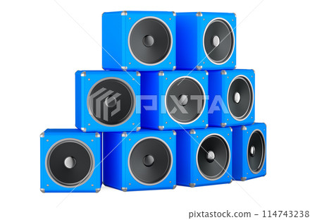 Stack of blue loudspeakers, 3D rendering 114743238