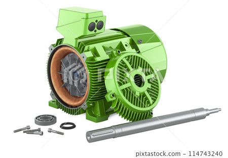 Green electric motor, parts. 3D rendering 114743240