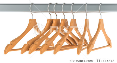 Empty Wood Hangers on metallic clothing rack, 3D rendering Empty Wood Hangers on metallic clothing rack, 3D rendering 114743242