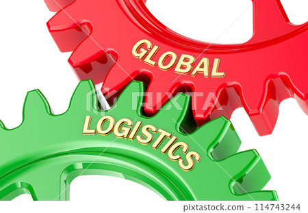 Global Logistics concept with colored gearwheels. 3D rendering Global Logistics concept with colored gearwheels. 3D rendering 114743244