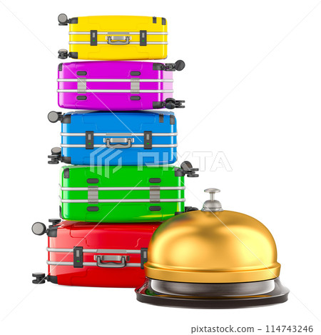 Booking service and travel concept. Stack of colored suitcases with reception bell, 3D rendering Booking service and travel concept. Stack of colored suitcases with reception bell, 3D rendering 114743246