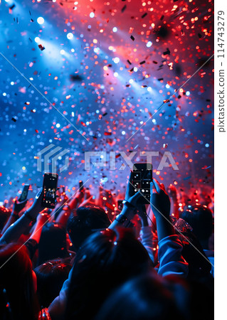 Selective focus of Silhouettes of people holding phones to take pictures at a concert, lights from a performance stage. 114743279