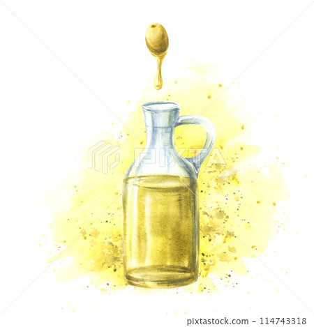 Olive oil in glass bottle. Olive berry fruit with a drop of oil on watercolor stain splashes background. Hand drawn food illustration. For cooking fat vegetable sauce labels, menu. Isolated clipart 114743318