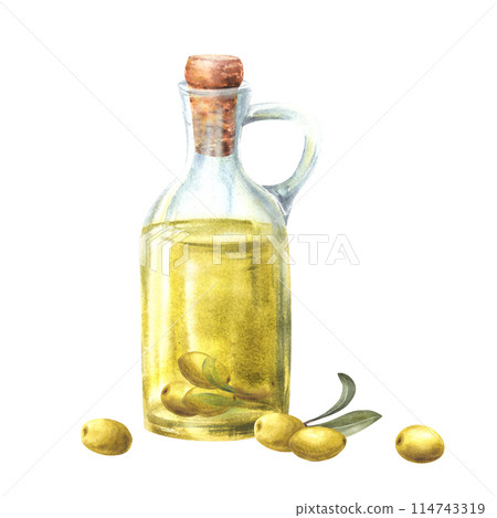 Olive oil in glass jug, bottle with cork and olive leaves and berries. Watercolor hand drawn illustration for Mediterranean food sauce vegan label, vegetarian menu. Isolated clipart white background 114743319