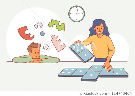 Cartoon couple solves puzzles. Guy thinking about task, happy girl playing dominoes, colored pieces of abstract shapes, logical board game, hobby brain training vector isolated concept 114743404