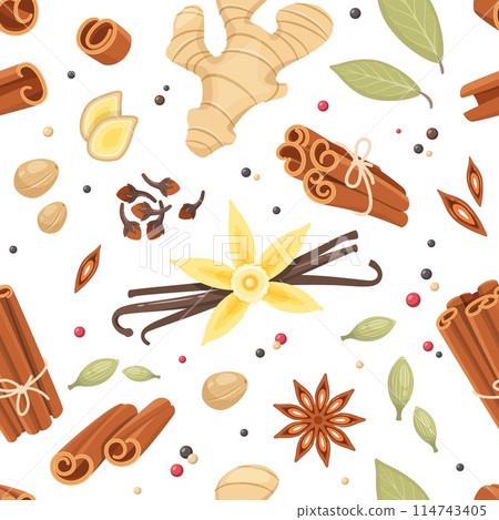 Cartoon dry spices seamless pattern. Fragrant seasonings for desserts and sweet pastries, cinnamon stick, vanilla, ginger, kitchen textile, wrapping paper, wallpaper design. Vector background 114743405