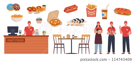 Cartoon fast food workers. Bistro waiters in uniform, cafe elements, furniture, products and packaging in flat style, pizza burger and donuts, sandwich and asian meal, nowaday vector set 114743409