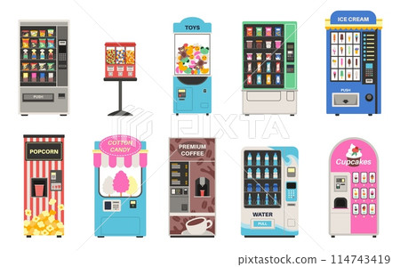 Cartoon vending machines with snacks. Automatic sellers, assortment of drinks and food, candy sweets, toys, pop corn, coffee, cotton candy, ice cream and water in bottles. Tidy vector set 114743419
