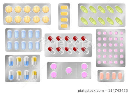 Colored pills. Different colorful medical tablets, individually packed, antibiotic or vitamin, painkiller capsule in container. Drugs in packaging. Realistic isolated elements. Vector set 114743423