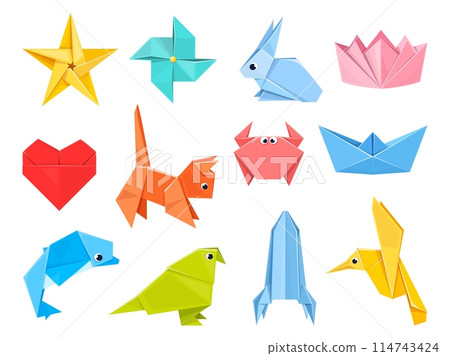 Colorful origami elements. Folded colored paper sheets, polygonal geometric shapes, japanese art and hobby, animals and objects, ship and bird, vector cartoon flat isolated set 114743424