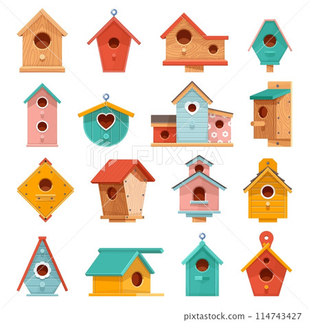 Colorful wooden bird houses. Cute little homes for sparrows, starlings, tits and swallows, different designs feeders for chicks, handmade craft cartoon flat style isolated vector set Colorful wooden bird houses. Cute little homes for sparrows, starlings, tits and swallows, different designs feeders for chicks, handmade craft cartoon flat style isolated vector set 114743427