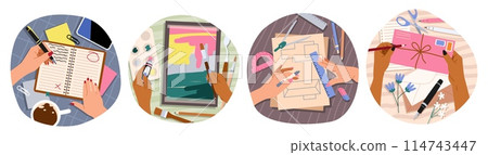 Human hands hold writing and drawing supplies. People draw, write and take notes, top view of desktop, office supplies, creative hobbies, cartoon flat style isolated, tidy vector set Human hands hold writing and drawing supplies. People draw, write and take notes, top view of desktop, office supplies, creative hobbies, cartoon flat style isolated, tidy vector set 114743447