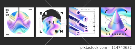 Futuristic holographic posters or covers with metal neon gradient mesh, iridescent objects Futuristic holographic posters or covers with metal neon gradient mesh, iridescent objects 114743682