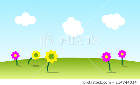 landscape cartoon scene. colorful flower on green hill with white cloud and blue sky 114744034