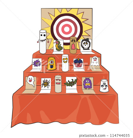 A handmade shooting gallery with targets of ghosts and monsters. Hand-drawn illustration 114744035