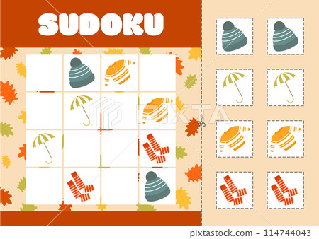 Sudoku with pictures on the theme of autumn. Children's logic puzzle game. Vector illustration Sudoku with pictures on the theme of autumn. Children's logic puzzle game. Vector illustration 114744043